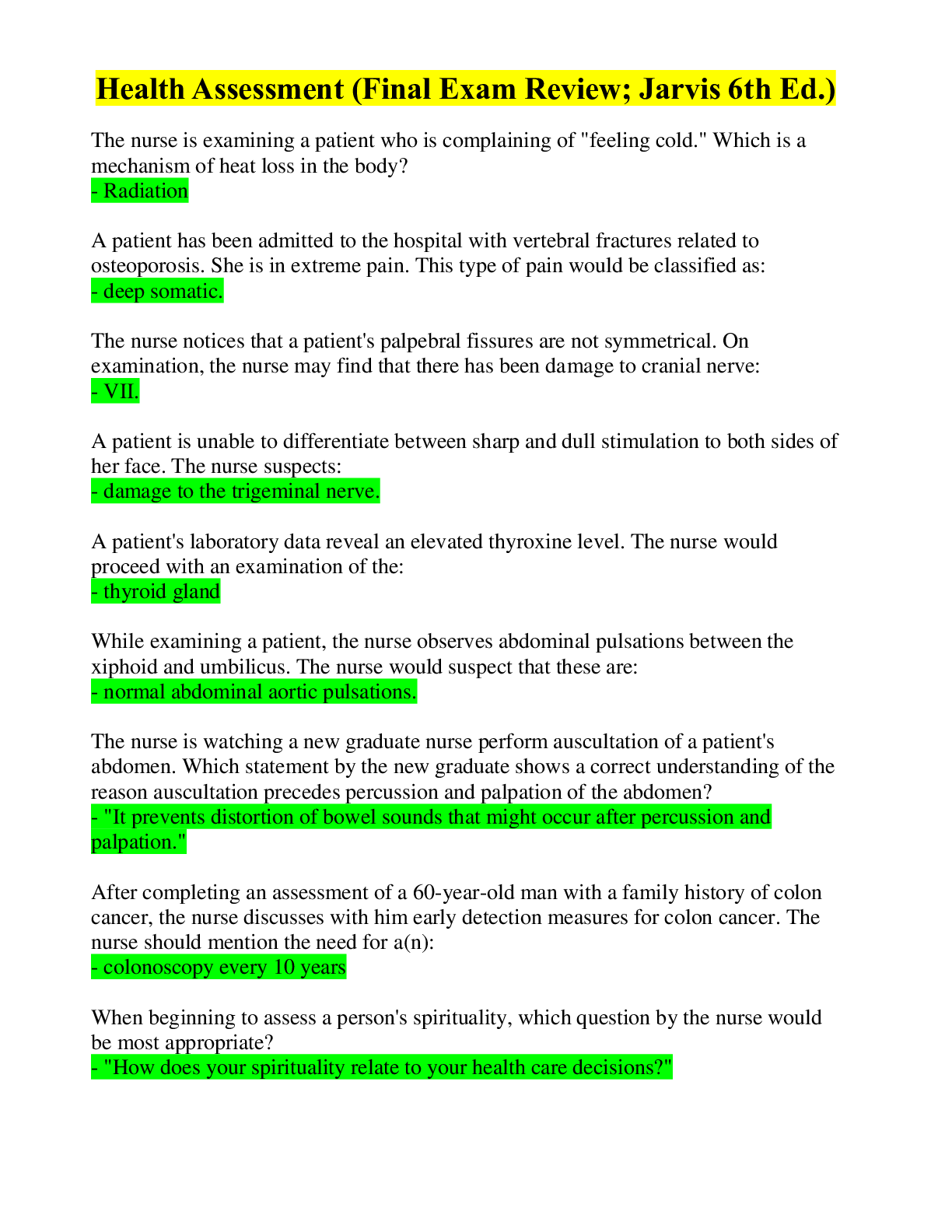 Health Assessment (Final Exam Review; Jarvis 6th Ed.) Browsegrades